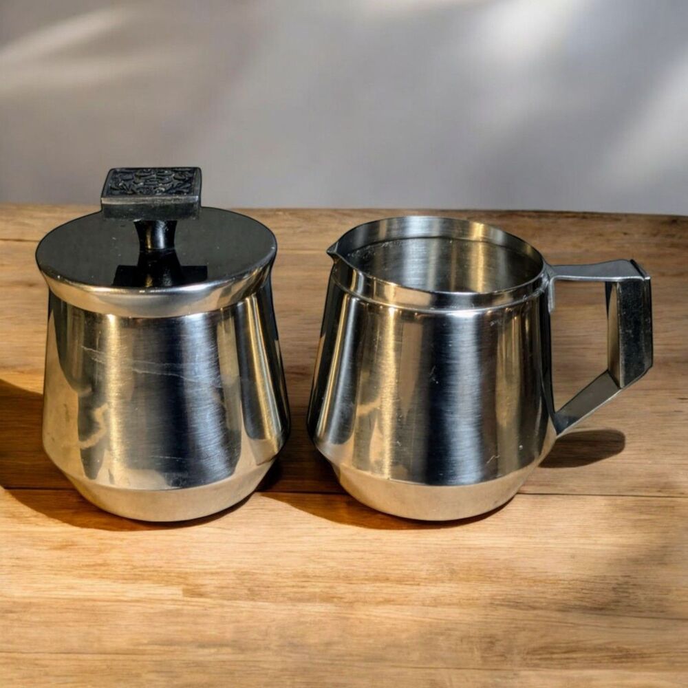 Creamer and Sugar W/Lid Set MCM Velvet 18-8 Stainless Steel Stanley Roberts